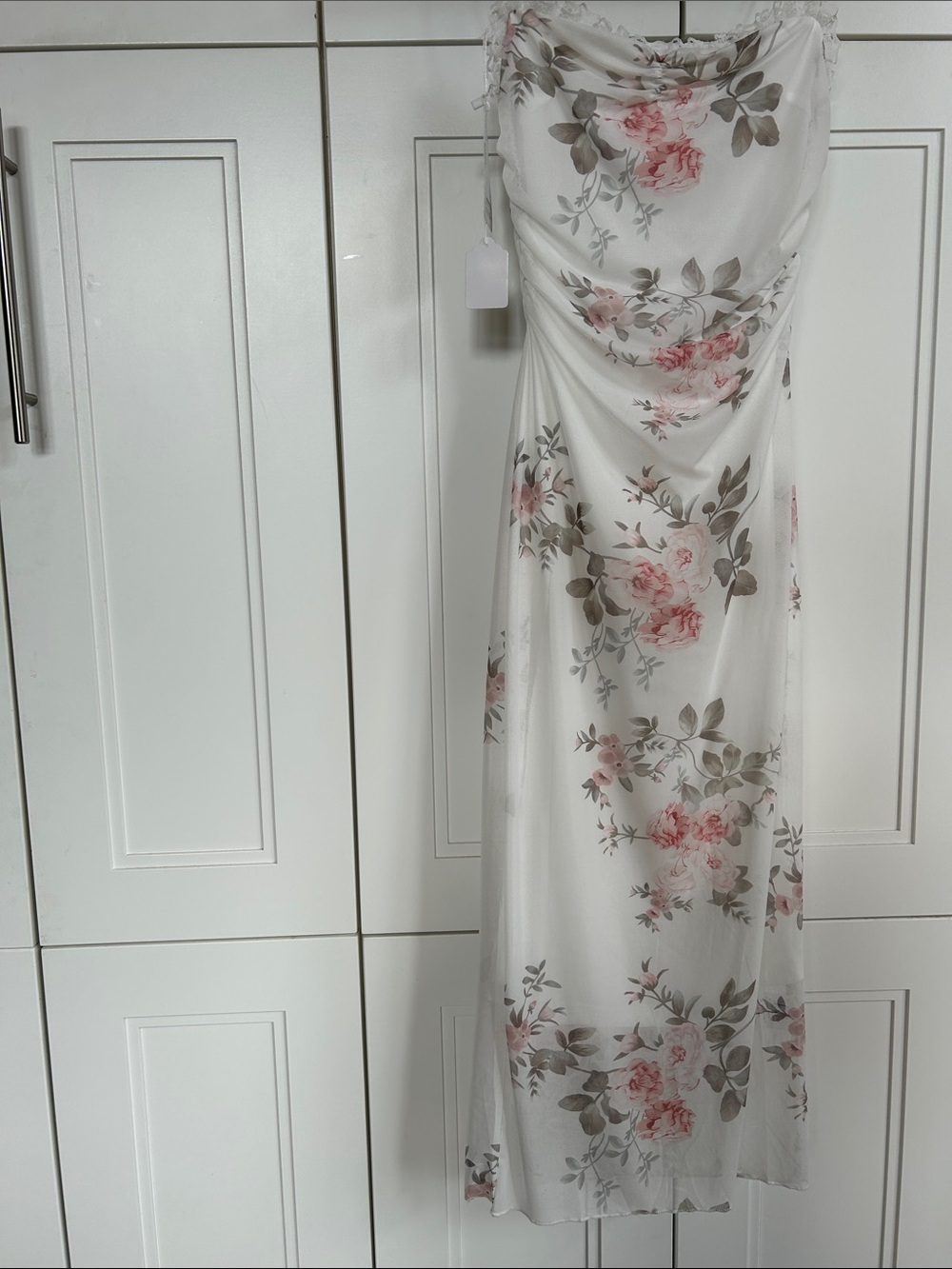 Razzlebelle Floral Strapless Maxi Dress in Cream with Pink Roses